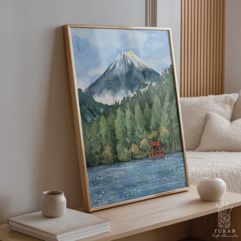 Mount Fuji Art Print, Japan Landscape Wall Art, Torii Gate Watercolor ...