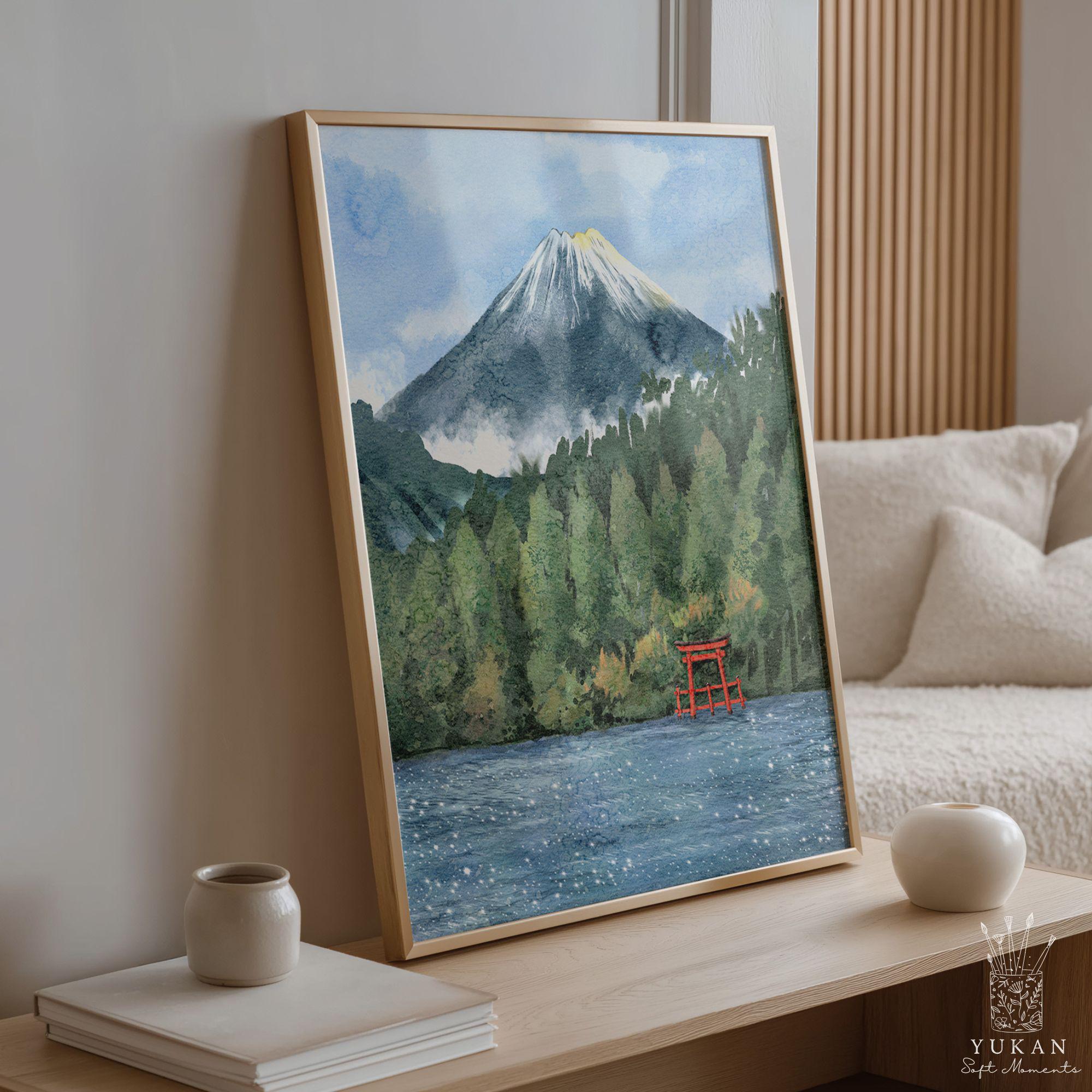 Mount Fuji Art Print, Japan Landscape Wall Art, Torii Gate Watercolor ...