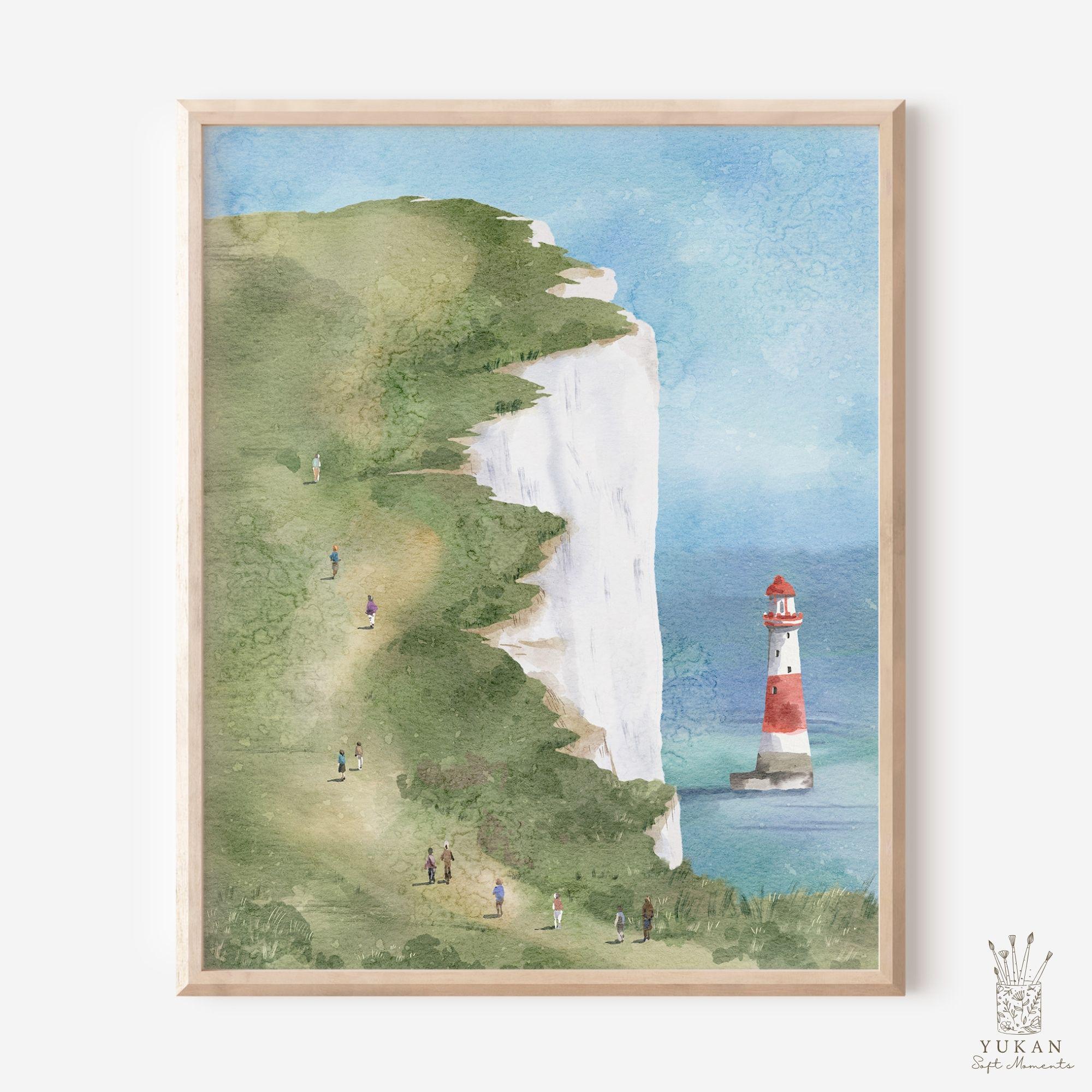 Seven Sisters Cliffs Watercolor Print, Coastal Cliff Lighthouse Wall ...
