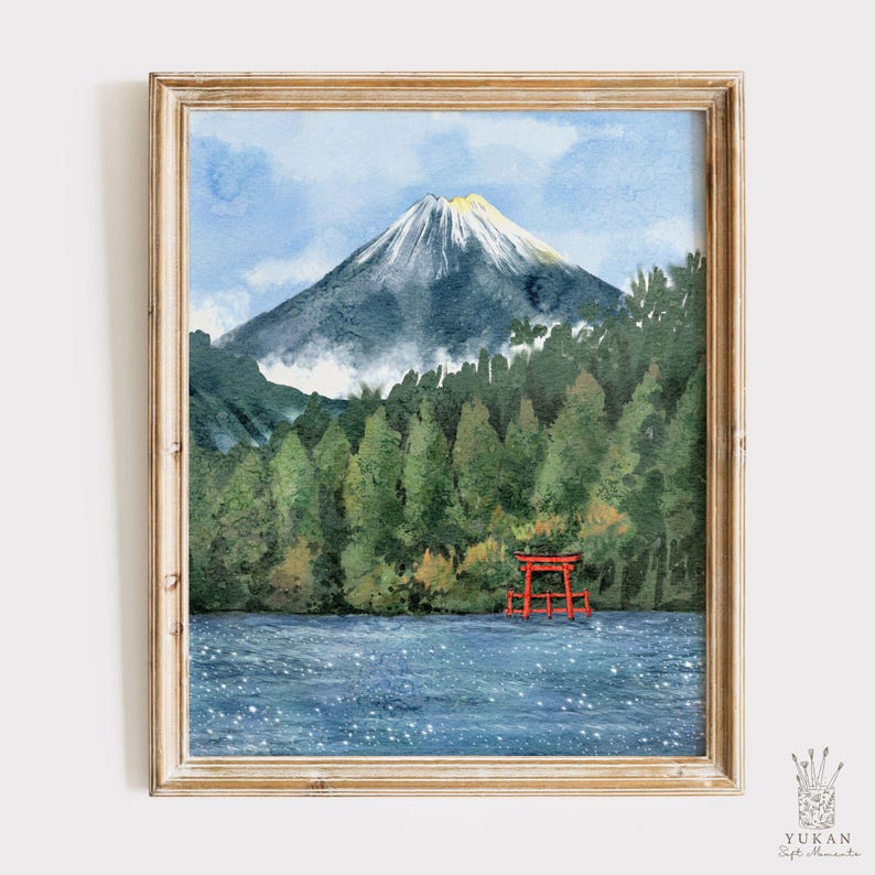 Mount Fuji Art Print, Japan Landscape Wall Art, Torii Gate Watercolor ...