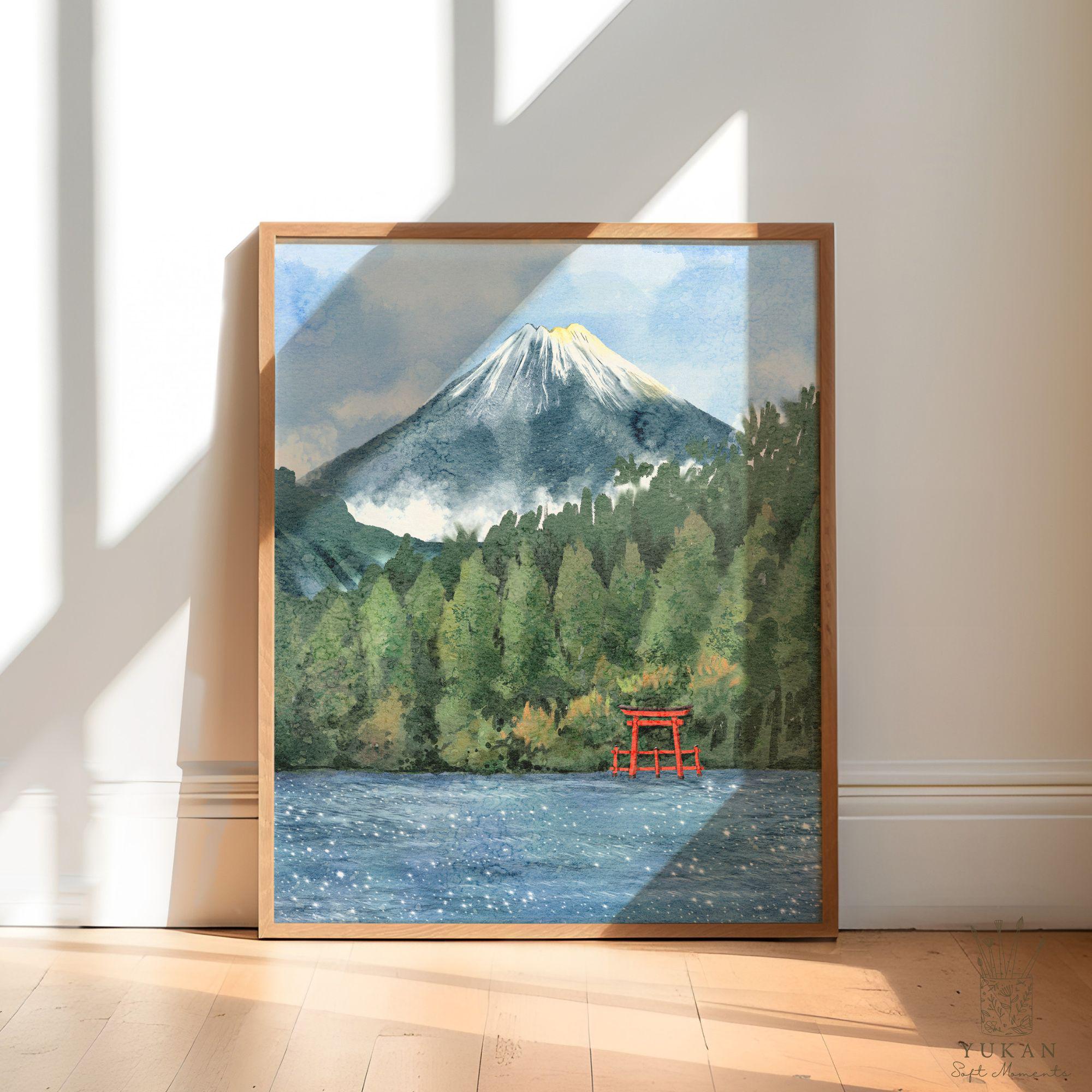 Mount Fuji Art Print, Japan Landscape Wall Art, Torii Gate Watercolor ...