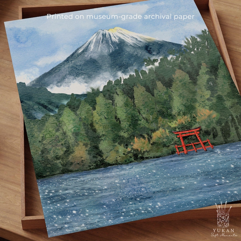 Mount Fuji Art Print, Japan Landscape Wall Art, Torii Gate Watercolor ...