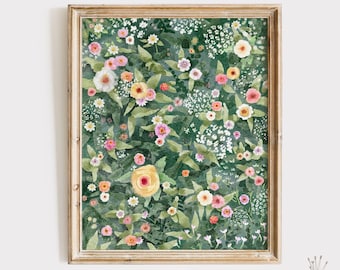 Impresión de acuarela de prado de flores silvestres, arte floral suave para jardín, arte mural botánico, pintura inspirada en la naturaleza