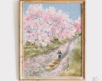 日本の庭園の水彩画プリント：桜の壁掛けアート、桜の池の風景画