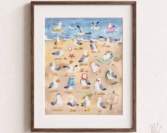 Funny Seagull Art Print, Whimsical Coastal Bird Wall Art, Beach Watercolor Painting, Cute Animal Illustration, Seaside Decor