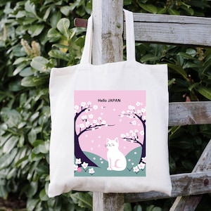 Cute Japanese Cat Tote Bag Cat Canvas Bag Kawaii Shopping Bag Cherry Blossom Eco-Friendly Tote Bag Cat Sakura tote Anime cat