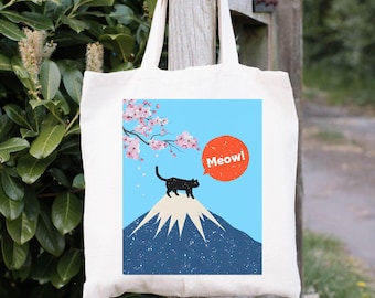 Bolsa de lona de algodón con diseño de gato negro japonés: regalo único para amantes de los gatos, bolsa de compras ecológica, accesorio de moda para mamás gatas, reutilizable.
