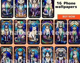 16 Phone Wallpapers, Background Styles | Digital Downloads | Stained glass cat tarot card style | Digital art,adorable