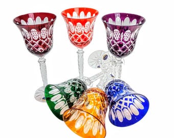 Handmade Multicolor Crystal Rymer Glasses 280 ml – Olive Check Pattern – Set of 6 Tall Elegant Crystal Glasses in Gift Box
