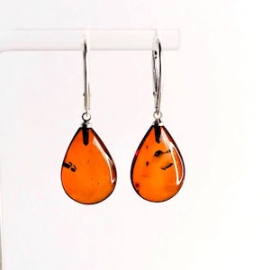 Handmade Cognac Amber Earrings, 925 Sterling Silver Drop Earrings, Natural Amber Jewelry, Women Gift