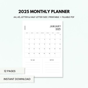 2025 Printable Planner, 2025 Digital Planner, 2025 Monthly Planner, 2025 Monthly Calendar with Note, Printable Calendar Template, A4 Planner