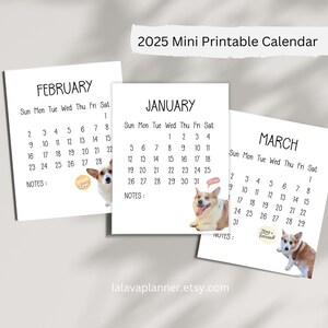 Calendario mensual mini imprimible 2025, mini calendario 2025, calendario imprimible 2025, calendario para perros 2025, calendario imprimible para Corgi 2025, planificador