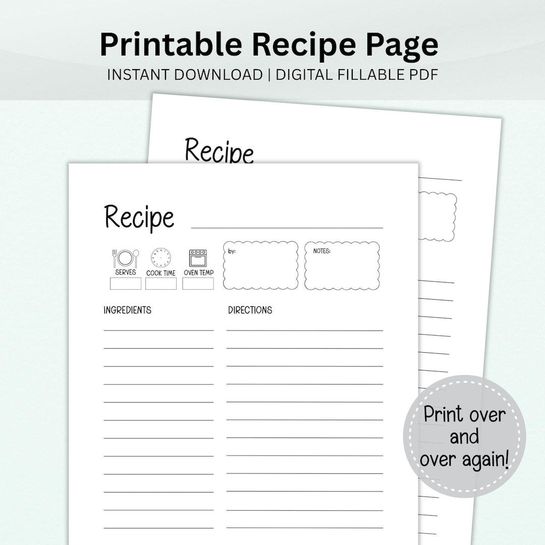 Printable Recipe Page, Printable Planner, Printable Baking Recipe Sheet ...