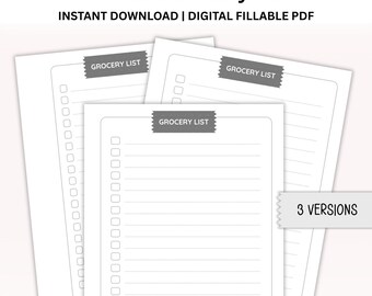 May include: Three printable grocery list templates with a grey "Grocery List" label at the top of each page. The templates have checkboxes and lines for writing down items. The text "3 VERSIONS" is at the bottom right corner of the image.