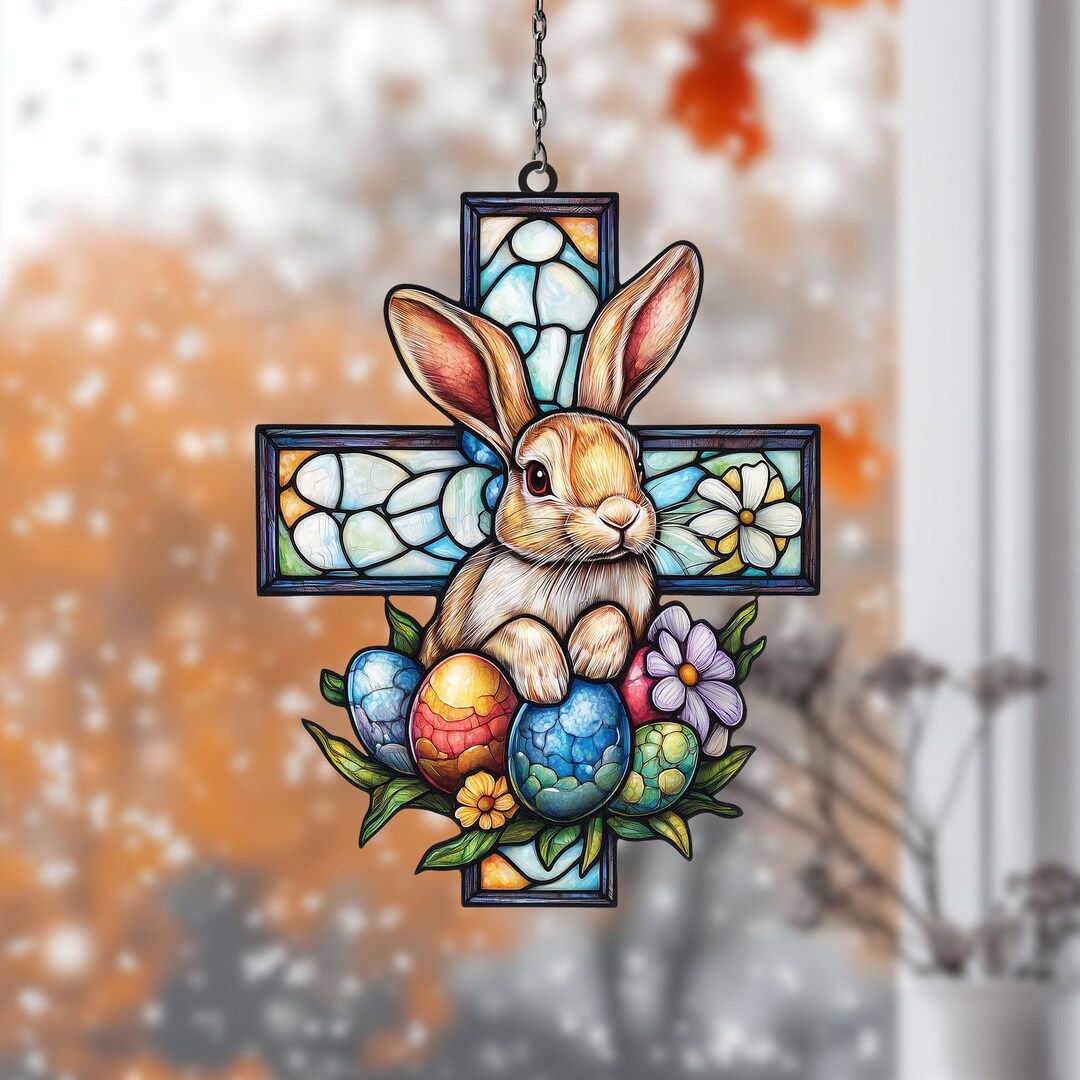 thumbnail interactive-video image 1 of Rabbit Easter Egg Acrylic Ornament Window Hanging Colorful Spring Decor 1 of 13