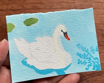 ACEO Swan Original Acrylic Miniature Painting, “Morning Swim”