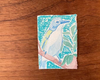 Miniature Bird in Blue Ink Drawing, ACEO, Miniature Painting