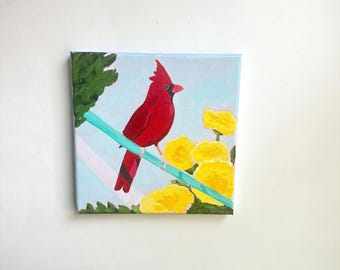 Cardinal Original Acrylic Painting, 8”x8” Wall Art