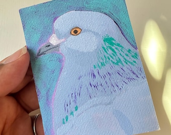 Pigeon Original Acrylic Miniature Painting, “The Pigeon in Mist” ACEO