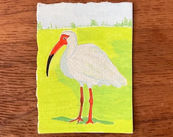 Miniature Ibis Original Gouache Painting, ACEO