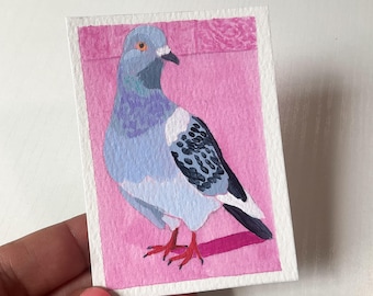ACEO Pigeon Original Miniature Painting,”Pigeon in Pink #1”