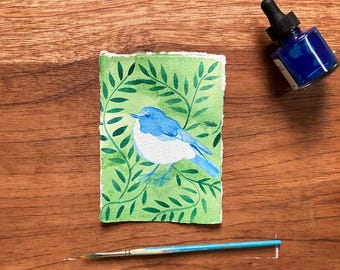 Blue Bird Portrait ink drawing, Portraits in Blue series