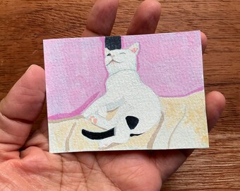 Original Acrylic Miniature Cat Painting, ACEO  “Kitten Nap”