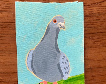 ACEO Pigeon Original Miniature Painting, “Are You Coming?”