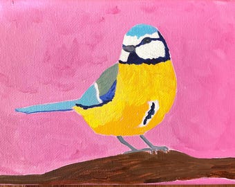 Original Blue Bird Acrylic Painting, Colorful Wall Art