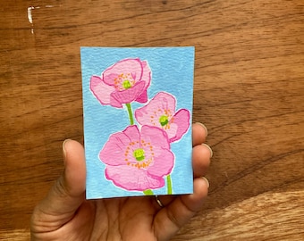 Pink Flowers Miniature Art, Original Painting, ACEO