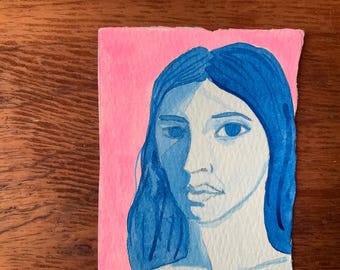 Miniature female portrait Original Mixed Media Painting, ACEO