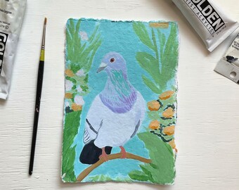 Resting Pigeon Original Acrylic Painting, Colorful Bird Artwork