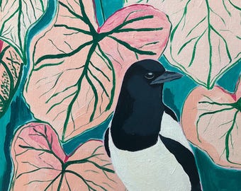 Magpie Original Painting, 11” x14” Bird Painting