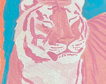 Tiger in Pink Acrylic Painting: Colorful A6 Art