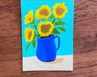 Sunflowers Miniature Art, Original Painting, ACEO