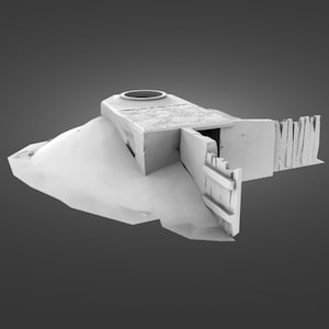 May include: A grayscale 3D model of a small structure. The structure has a rectangular base with a circular opening on top. A doorway and a wooden fence are attached to the structure. The model is set on a mound.