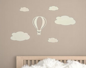 Houten wanddecoratie met wolk en heteluchtballon – Milieuvriendelijk natuurlijk hout – Babykamer, kinderkamer, kraamcadeau, Scandinavische wanddecoratie
