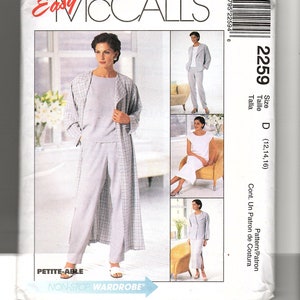 May include: A sewing pattern for a long, white, plaid duster with a matching pair of pants. The pattern is for sizes 12, 14, and 16. The pattern is from McCall's and is part of their "Easy" line. The pattern is also part of their "Petite-Able" and "Non-Stop Wardrobe" lines.
