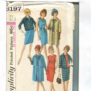 May include: Simplicity sewing pattern number 3197 for a dress and coat. The pattern is for a miss size 14, bust 34. The pattern is printed on a white background with a light brown border. The pattern shows five different women wearing the dress and coat in different colors. The pattern is for 65 cents.