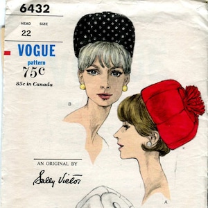 Vogue 6432 Vintage 60s Pill box Hat Pattern from Sally Victor - UNCUT Size 22&quot;