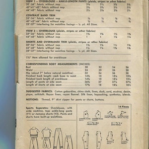 May include: A sewing pattern for a teen sports separates outfit. The pattern includes instructions for ankle-length trousers and a short-sleeved overblouse. The pattern is for sizes 10, 12, 14, and 16. The pattern includes a list of suggested fabrics and notions.