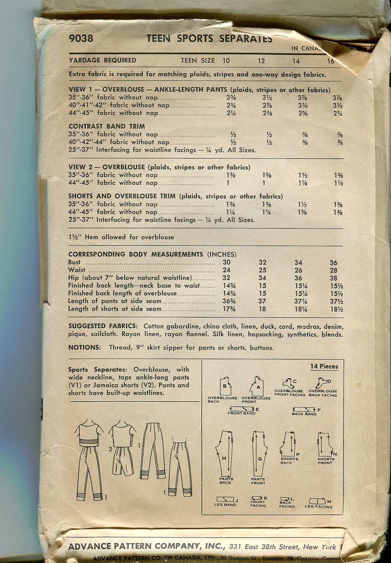 May include: A sewing pattern for a teen sports separates outfit. The pattern includes instructions for ankle-length trousers and a short-sleeved overblouse. The pattern is for sizes 10, 12, 14, and 16. The pattern includes a list of suggested fabrics and notions.