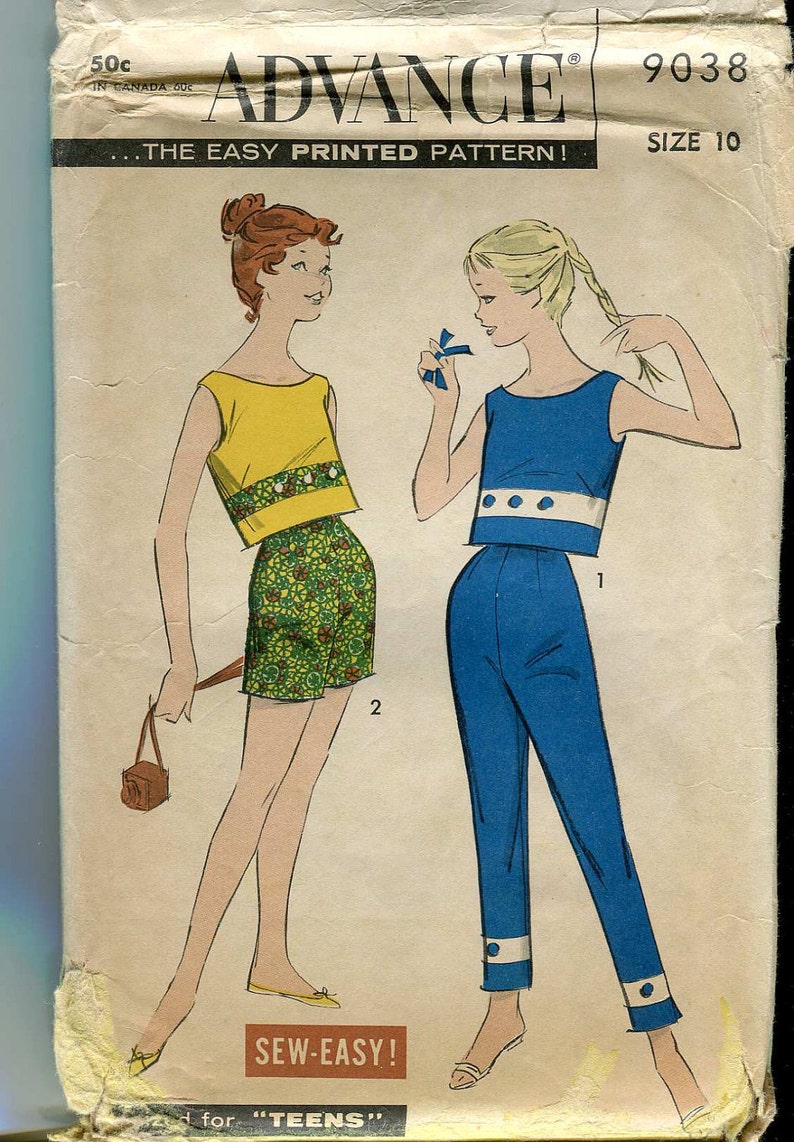 May include: A sewing pattern for a two-piece outfit for teens. The pattern includes a sleeveless top and shorts with a floral print. The top is yellow with white trim and the shorts are green with a white floral pattern. The pattern is from Advance, size 10, and is labelled "Sew-Easy!"