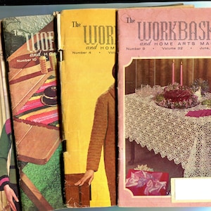 May include: Four vintage copies of "The Workbasket and Home Arts Magazine" from June 1967, Number 9, Volume 32. The magazine covers feature a crocheted tablecloth, a woman wearing a brown sweater, and a woman wearing a green sweater.