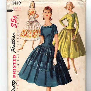 May include: Vintage sewing pattern for a dress, featuring three different styles. The pattern is printed on a white background with a red and black border. The pattern number is 1449, the size is 16, and the bust size is 34. The price is 35 cents.