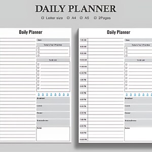 Planificador diario imprimible, horario diario sin fecha, lista de tareas, planificador de productividad, descarga digital (tamaño carta, A4, A5) en formato PDF de alta calidad.