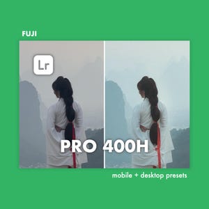 Puede incluir: Una imagen digital que muestra dos versiones de una edición de foto, una con una paleta de colores más tenue y la otra con una paleta de colores más vibrante. La imagen presenta a una persona con cabello negro largo que lleva una túnica blanca y está de pie frente a un paisaje montañoso brumoso. El texto "PRO 400H" se muestra en letras grandes y negritas en el centro de la imagen. El texto "mobile + desktop presets" se muestra en letras más pequeñas debajo de la imagen.
