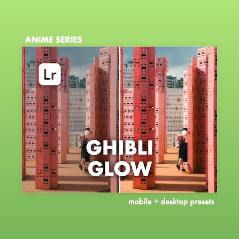 May include: A split image showing two versions of a photo. The left side is a more natural color, while the right side has a warm, pink glow. The image shows a person walking through a maze of pink buildings. The text "GHIBLI GLOW" is in the center of the image. The text "mobile + desktop presets" is at the bottom of the image.