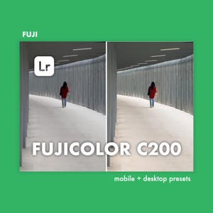Puede incluir: Una imagen dividida en dos que muestra la diferencia entre una foto editada con un preset Fujicolor C200 y una foto que no ha sido editada. El texto "FUJI" y "FUJICOLOR C200" se muestra en la imagen. El texto "mobile + desktop presets" se muestra en la parte inferior de la imagen.