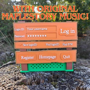 May include: An orange and brown sign with the text "WITH ORIGINAL MAPLESTORY MUSIC!". The sign has sections for login details, including "Login ID", "Your username", and "Password". Additional buttons include "Register", "Homepage", and "Quit".